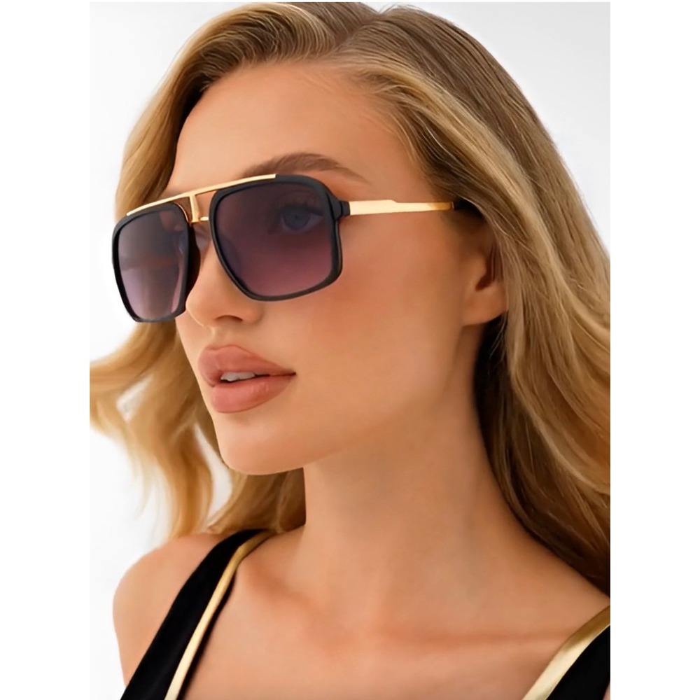 Women Oversized Square Fashion Sunglasses Black Gold Flat Top Gradient Lenses - Picture 9 of 11